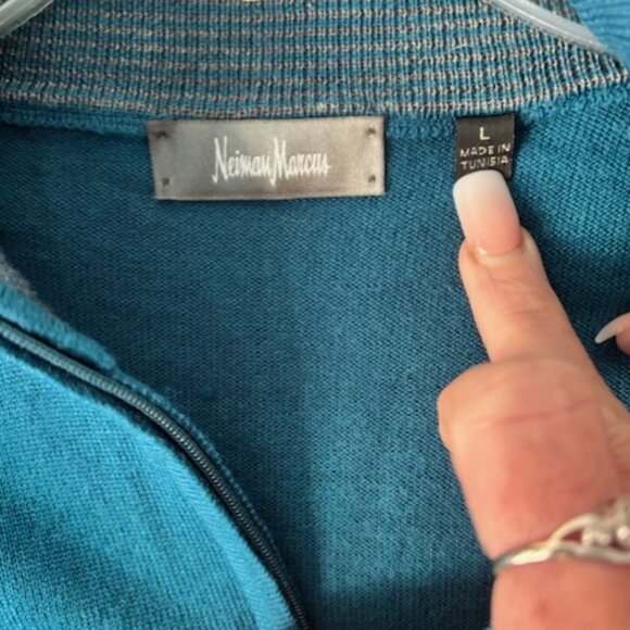 Neiman Marcus Sweater L Green Blue Merino Knit 1/4 Zip Ribbed Preppy Collegiate - Picture 5 of 6